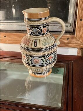 Decorative Ceramic Pitcher in Cream, Black and Gold-Tone